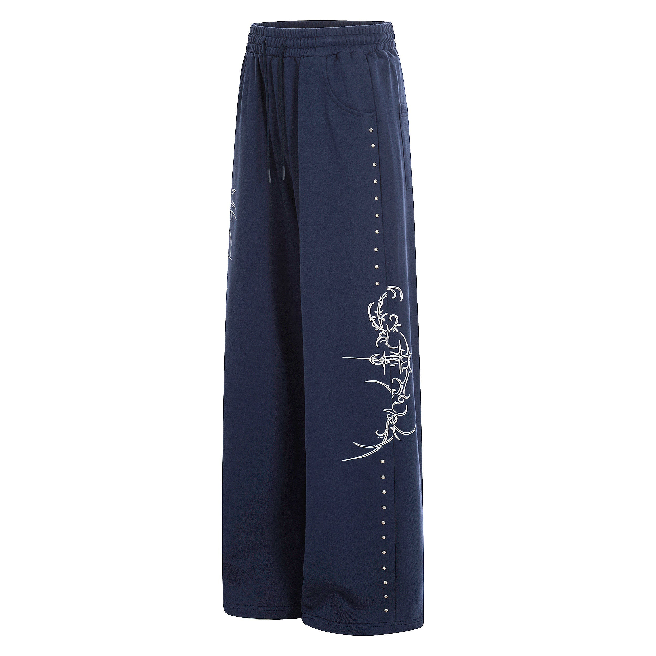 Gothic Line Graphic Wide-Leg Sweatpants with Side Rivets