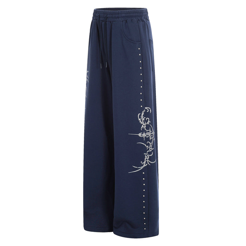 Gothic Line Graphic Wide-Leg Sweatpants with Side Rivets