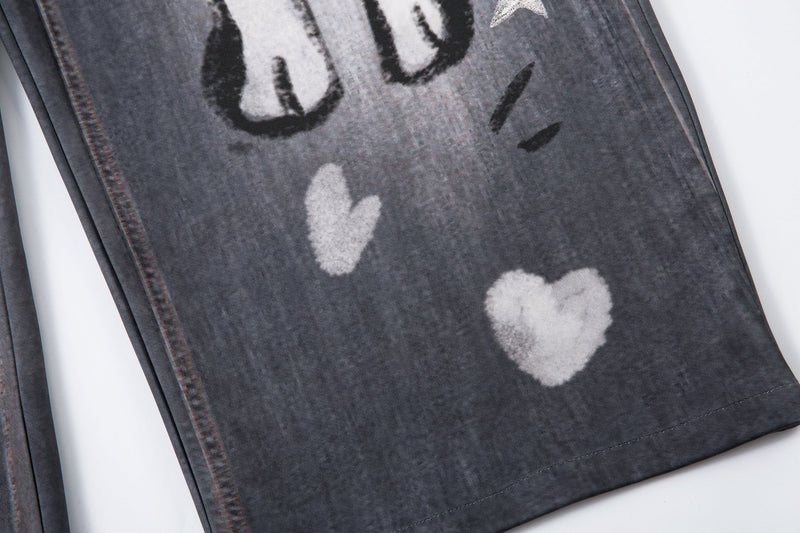 Cat Print Barrel Leg Jeans | Washed Grey Street Art Denim