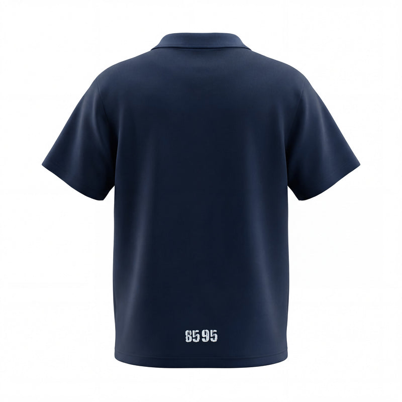 Navy short sleeve polo tee with clean back view and white 8595 graphic near the hem