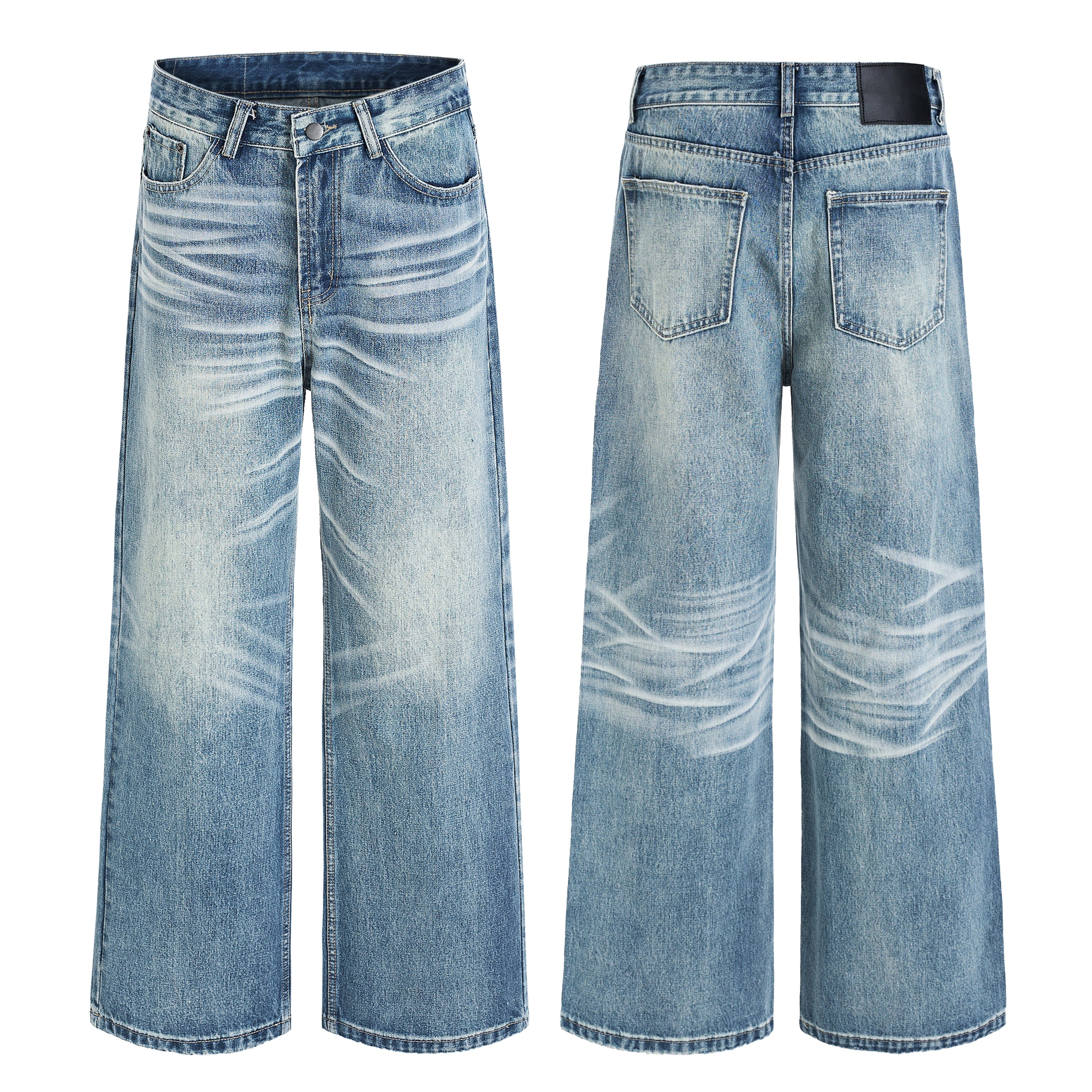 Front and back view of wide-leg washed blue denim jeans with whiskering and gradient fade detailing