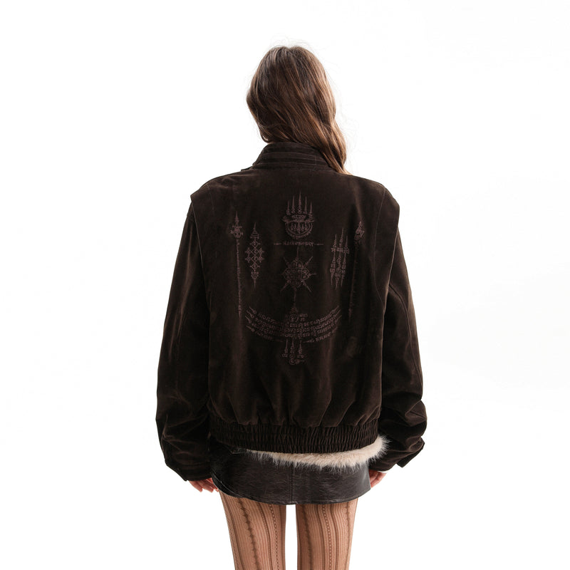 Omirad Embroidered Suede Metal Clasp Bomber Jacket
