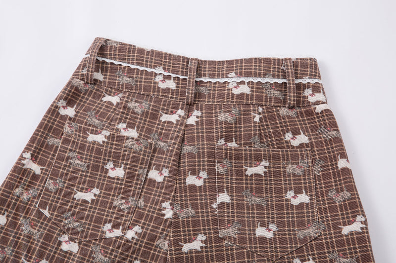 Retro Dog Print Plaid Wide-Leg Pants | Vintage Style