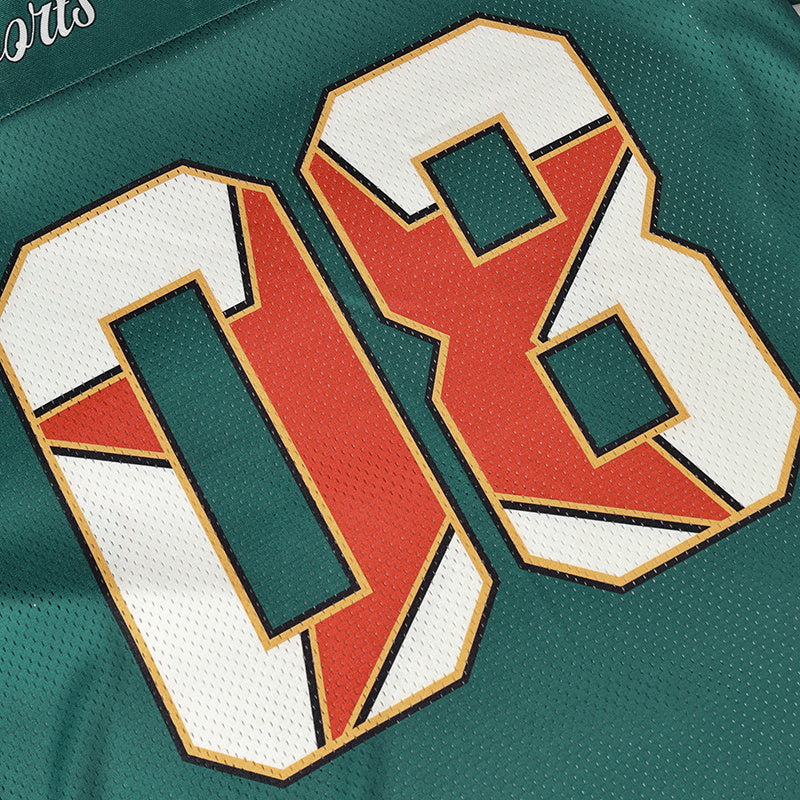 Green vintage football jersey with large number 08 graphic in white, red, and gold on textured mesh fabric