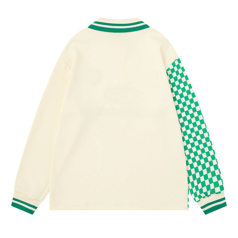 Back view of cream long sleeve jersey with green checkered sleeve panel and striped collar
