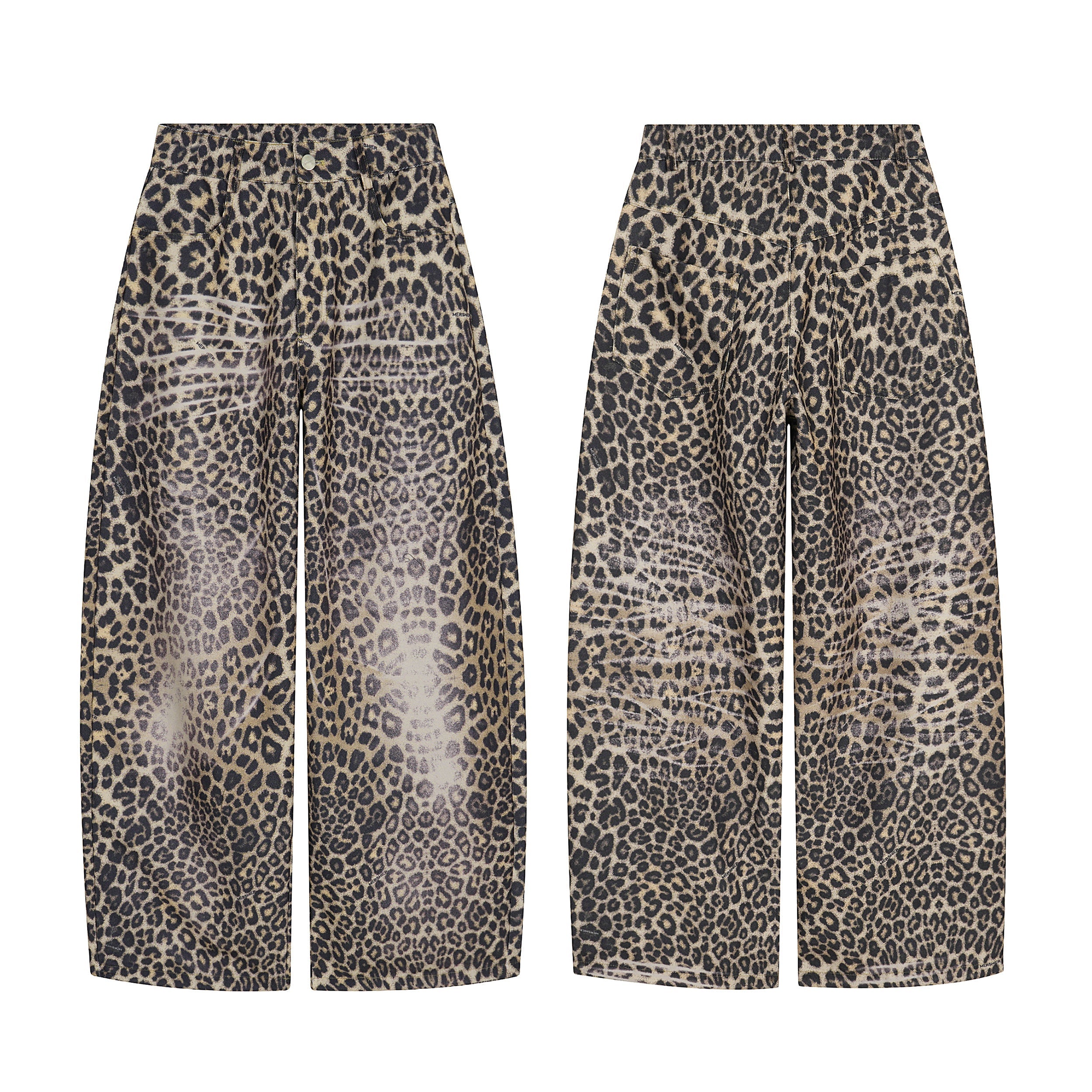 Front and back view of wide-leg leopard print performance mesh pants in tan and black