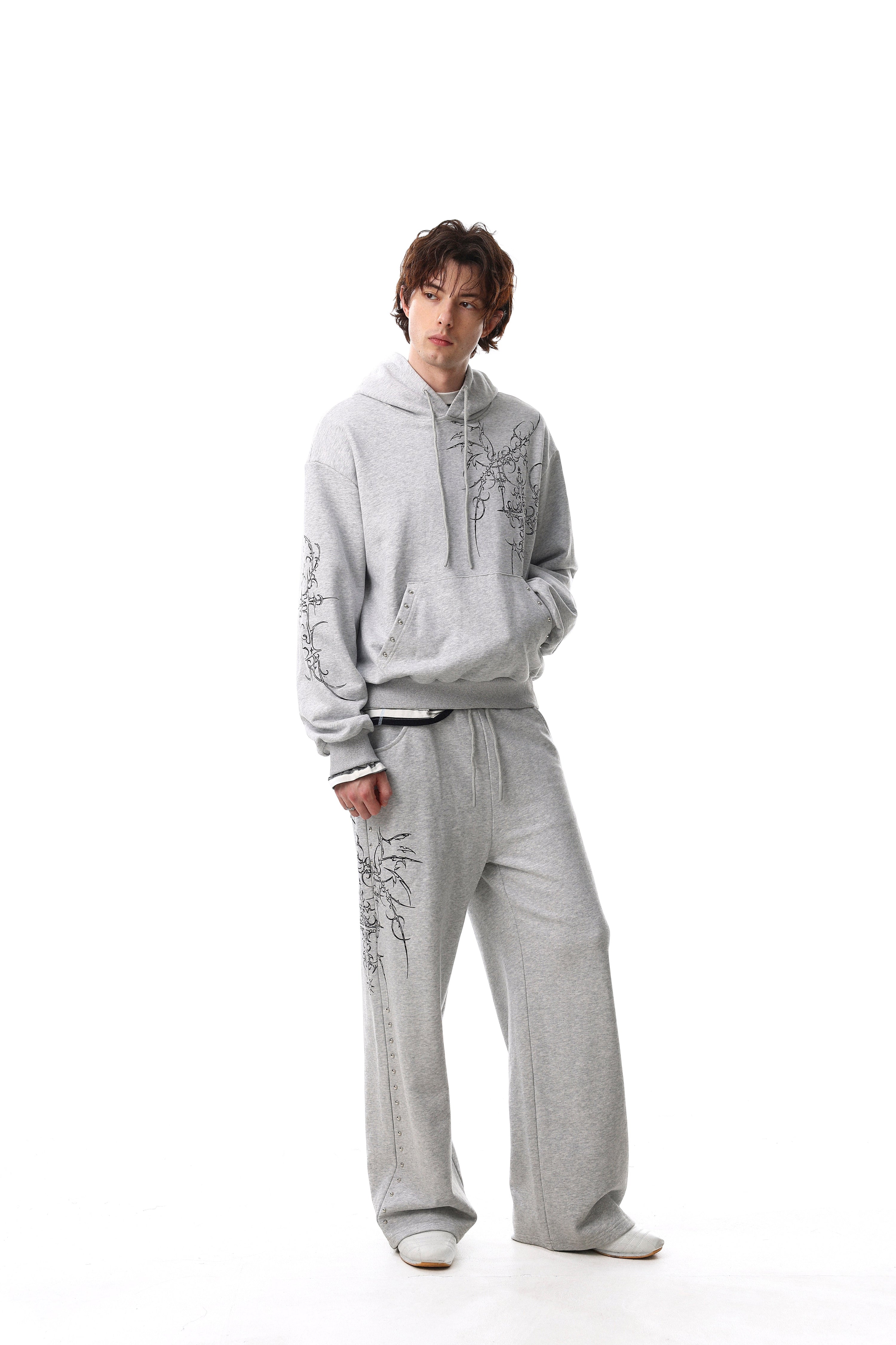 Gothic Line Graphic Wide-Leg Sweatpants with Side Rivets