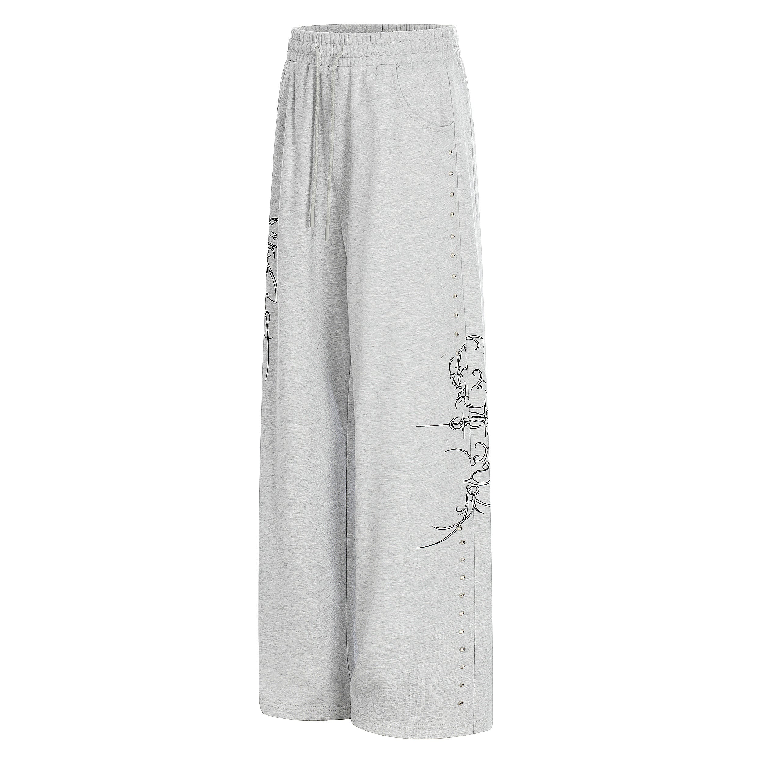 Gothic Line Graphic Wide-Leg Sweatpants with Side Rivets