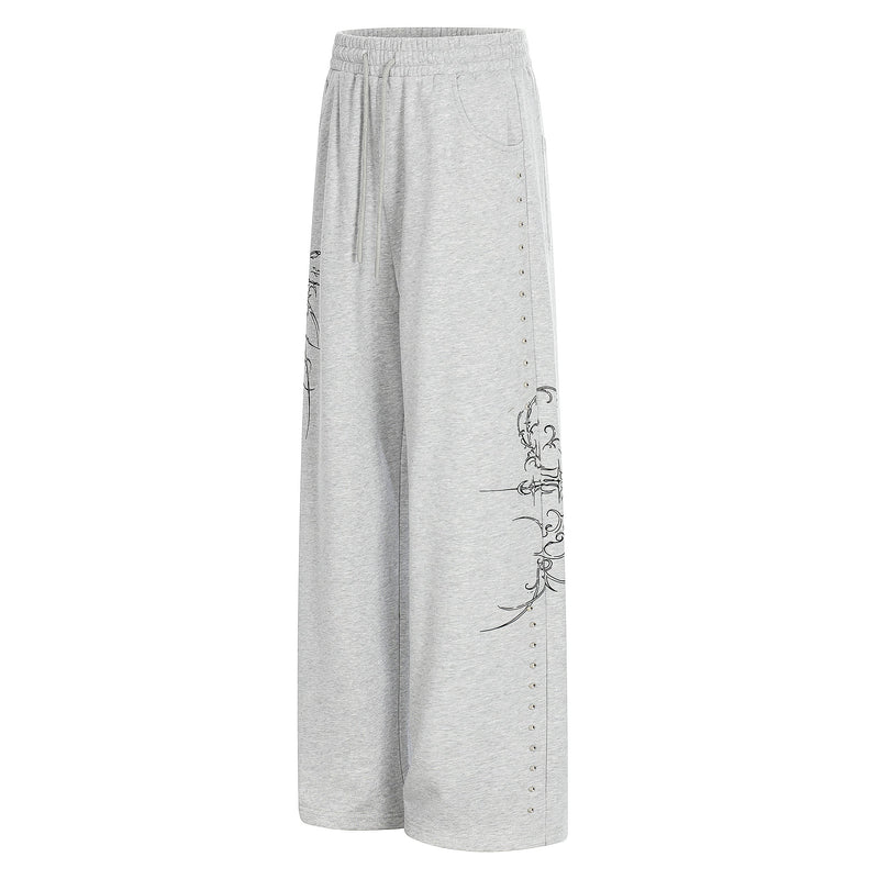 Gothic Line Graphic Wide-Leg Sweatpants with Side Rivets