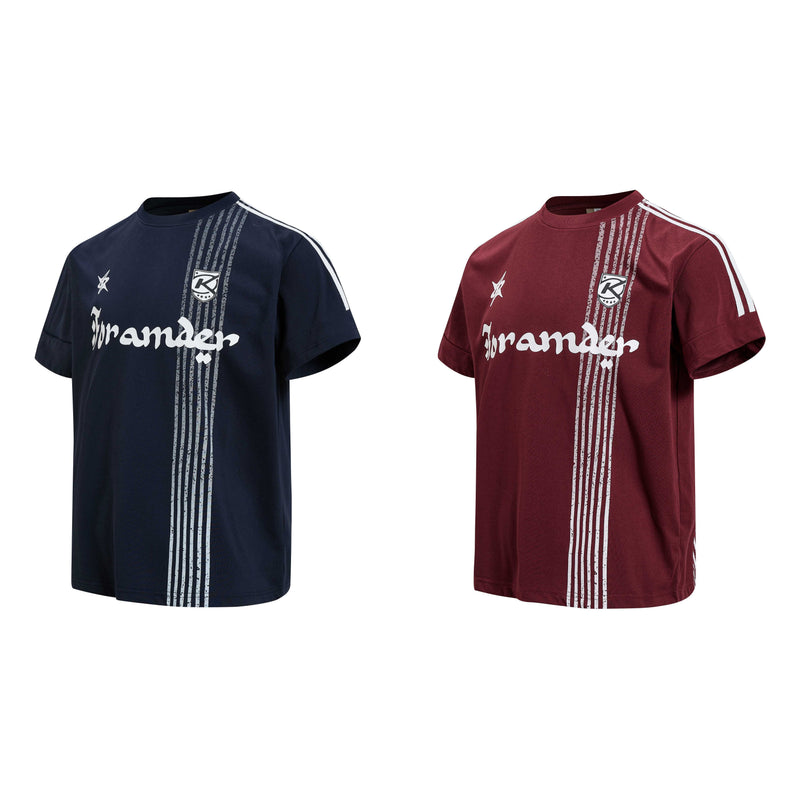 Two Foramder Velocity Line sport tees in navy and maroon, each with vertical stripe graphics and white logo print