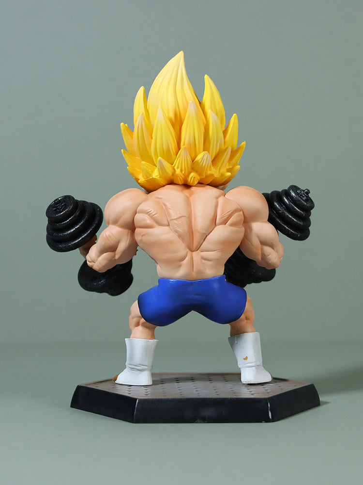 The Seakoff Vegeta Super Saiyan Collectible Figure from Dragon Ball Z features the iconic muscular form with spiky yellow hair and blue shorts. Standing on a hexagonal base, it holds black dumbbells, back facing the viewer against a plain gray background. Height: 17cm.