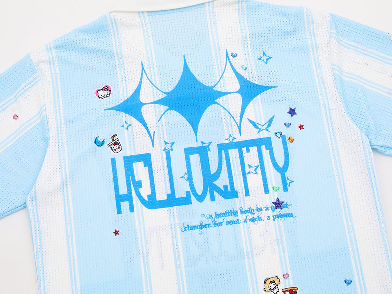 Light blue and white striped Hello Kitty mesh jersey with bold HELLO KITTY graphic and playful star accents