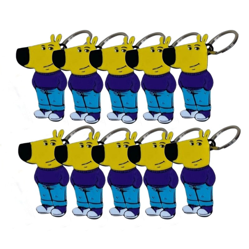 Get the Chill Guy Keychain Set, a 10-piece collection featuring a meme character with a yellow head, black nose, purple shirt, blue pants, and white shoes. Made from high-quality acrylic and arranged in two neat rows of five.