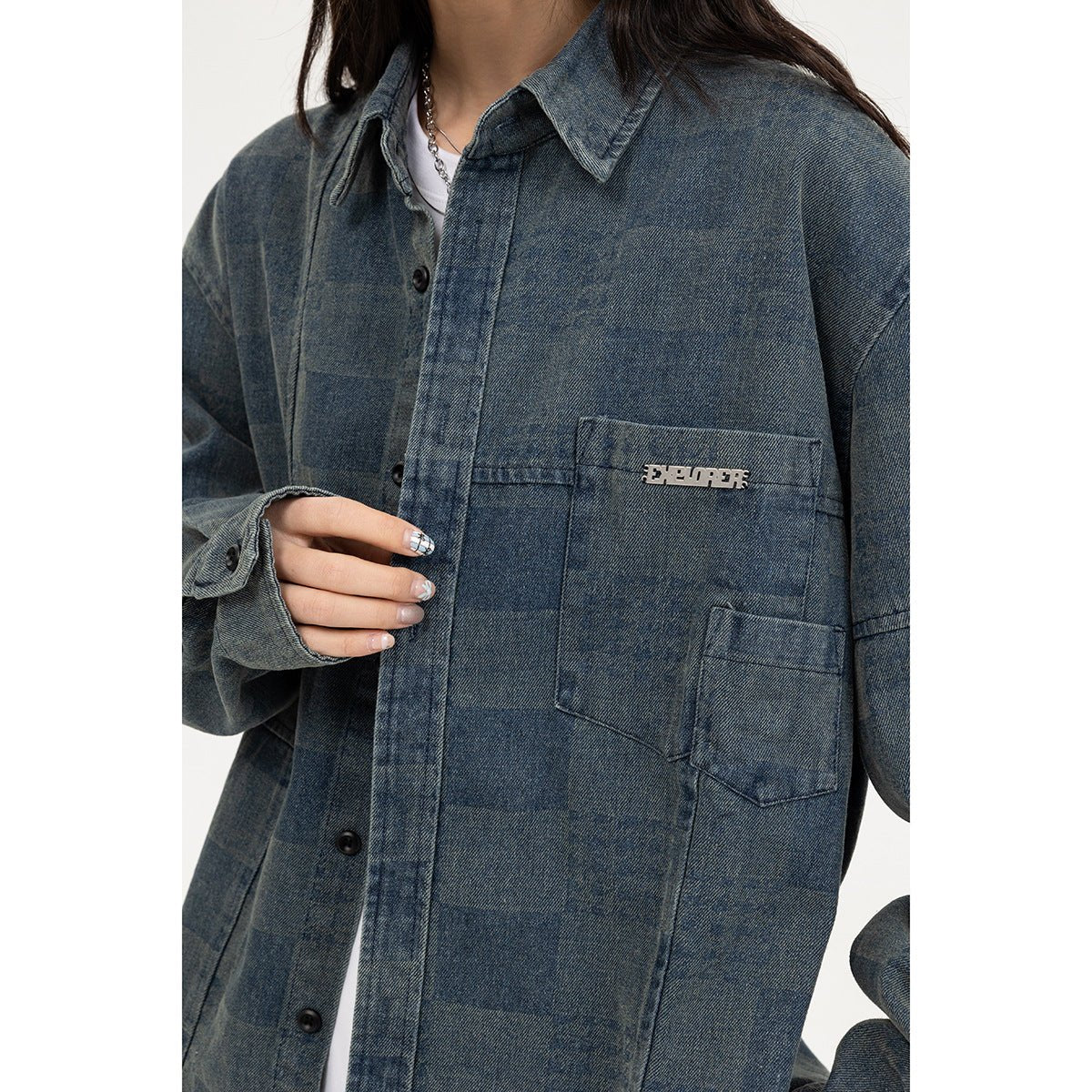 Checkerboard Denim Chambray Shirt on Sale - Men's and Women's Long Sleeve Casual Style - Seakoff