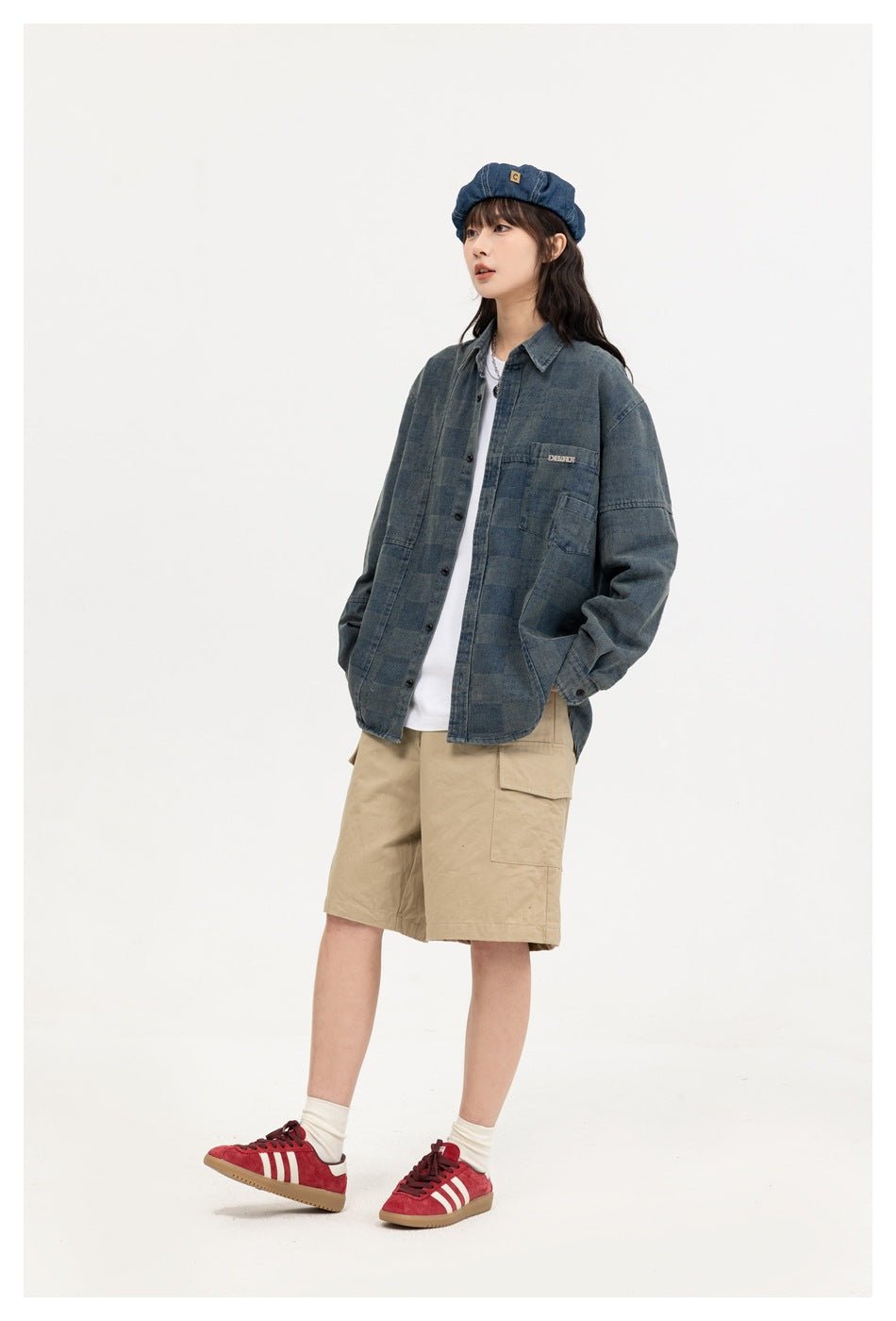 Checkerboard Denim Chambray Shirt on Sale - Men's and Women's Long Sleeve Casual Style - Seakoff