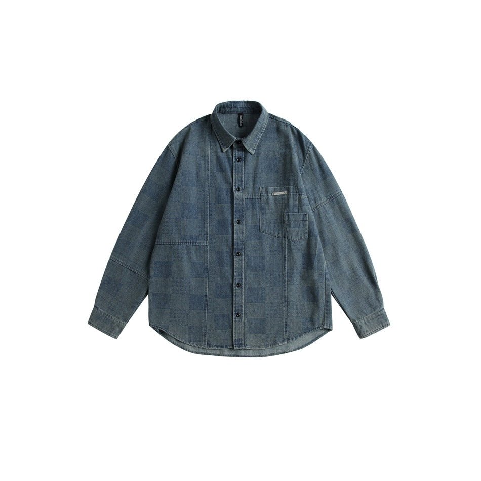 Checkerboard Denim Chambray Shirt on Sale - Men's and Women's Long Sleeve Casual Style - Seakoff