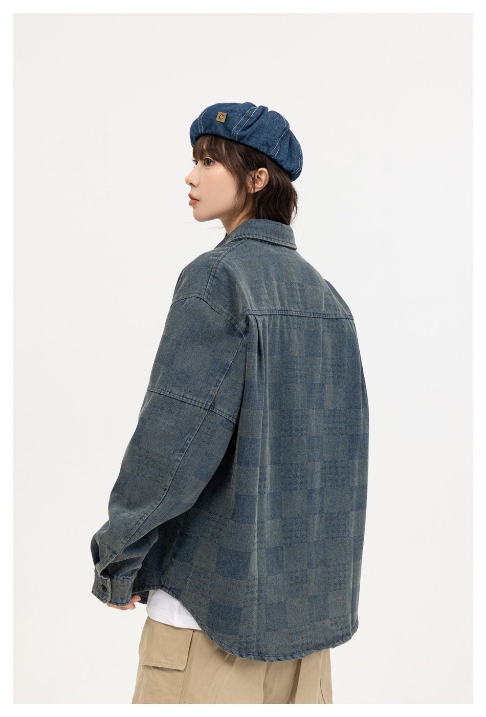 Checkerboard Denim Chambray Shirt on Sale - Men's and Women's Long Sleeve Casual Style - Seakoff