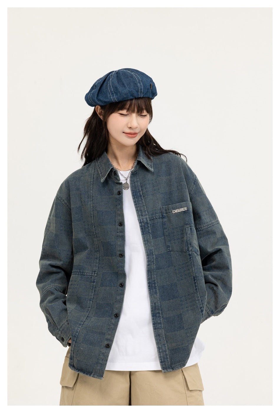 Checkerboard Denim Chambray Shirt on Sale - Men's and Women's Long Sleeve Casual Style - Seakoff