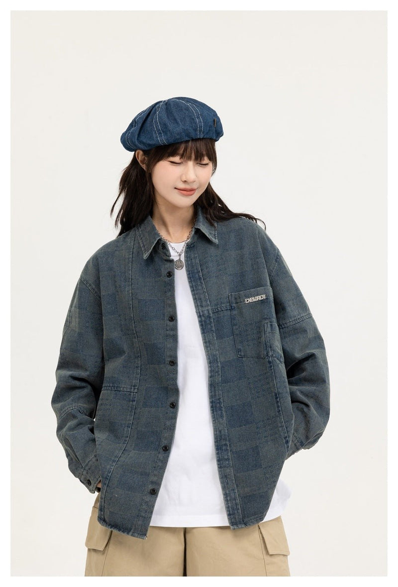 Checkerboard Denim Chambray Shirt on Sale - Men's and Women's Long Sleeve Casual Style - Seakoff