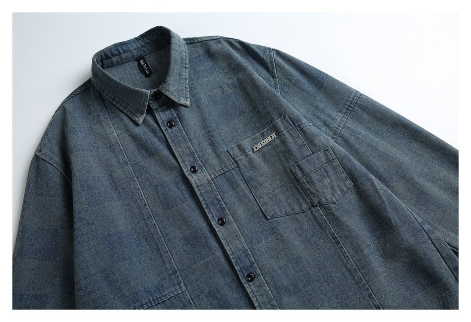 Checkerboard Denim Chambray Shirt on Sale - Men's and Women's Long Sleeve Casual Style - Seakoff