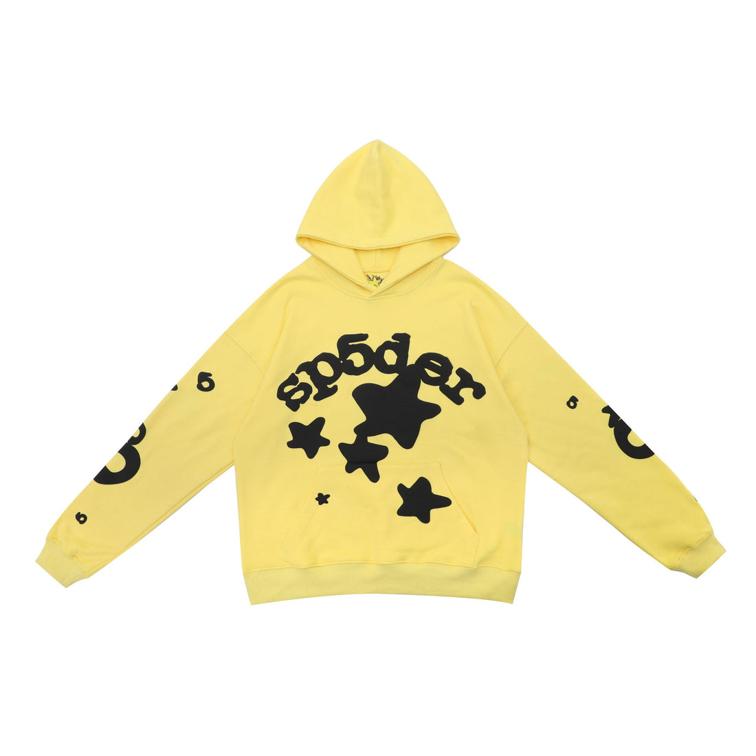 Cheerful Yellow Sp5der Hoodie - Trendy Star Print Hooded Sweatshirt - Seakoff