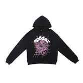 Chic Black Sp5der Hoodie - Trendy Web Print Hooded Sweatshirt - Seakoff