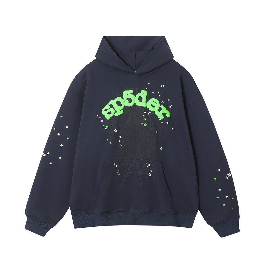 Cool Navy Sp5der Hoodie - Trendy Web and Star Print Hooded Sweatshirt - Seakoff