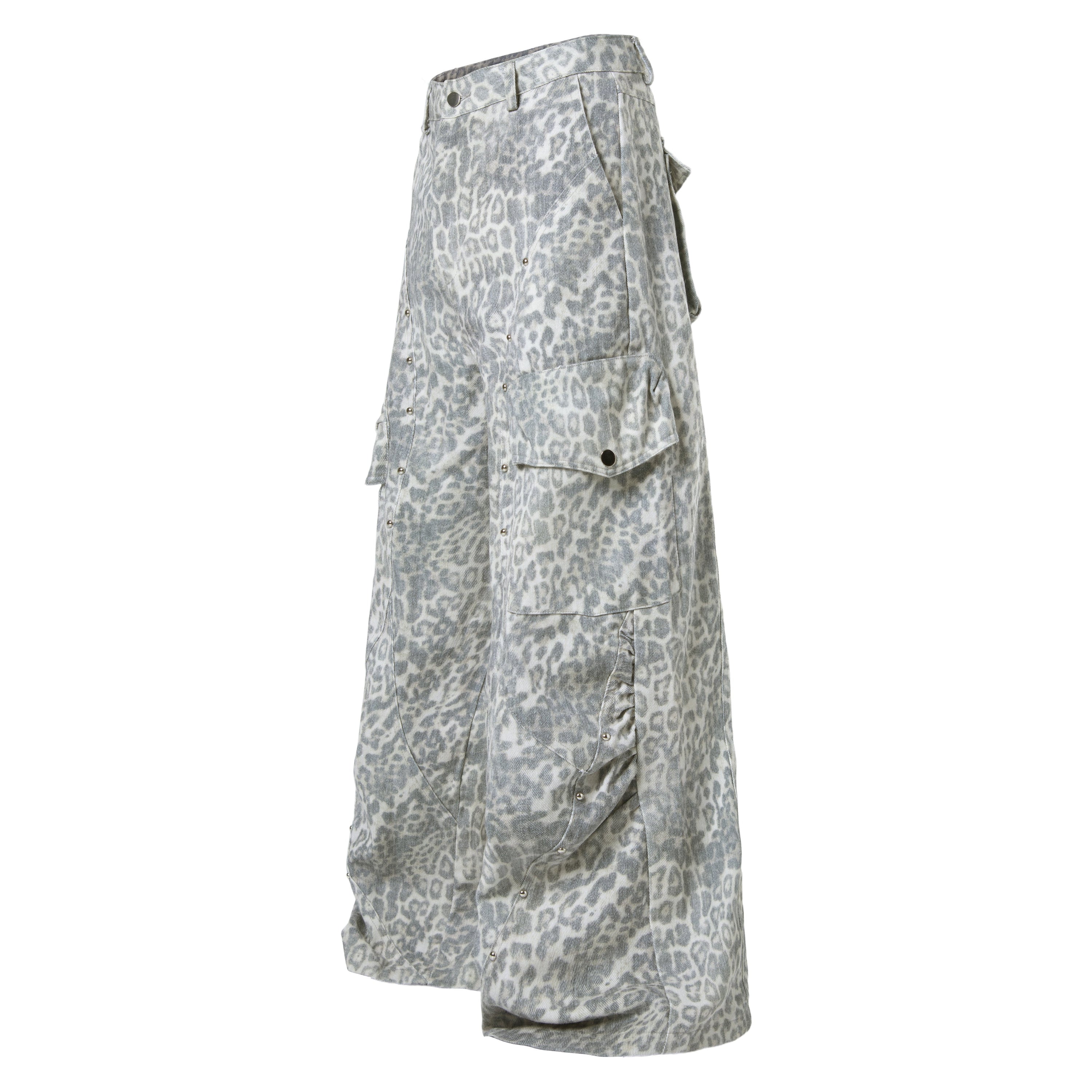 Leopard Print Utility Wide-Leg Cargo Pants with Rivets