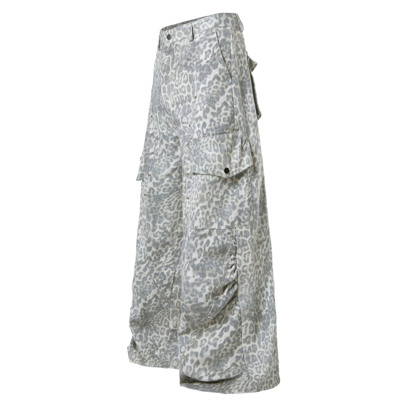 Leopard Print Utility Wide-Leg Cargo Pants with Rivets