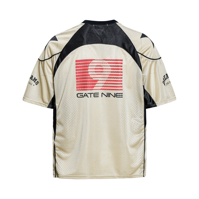 Beige and black mesh jersey with red Gate Nine graphic on the back, streetwear style sport shirt