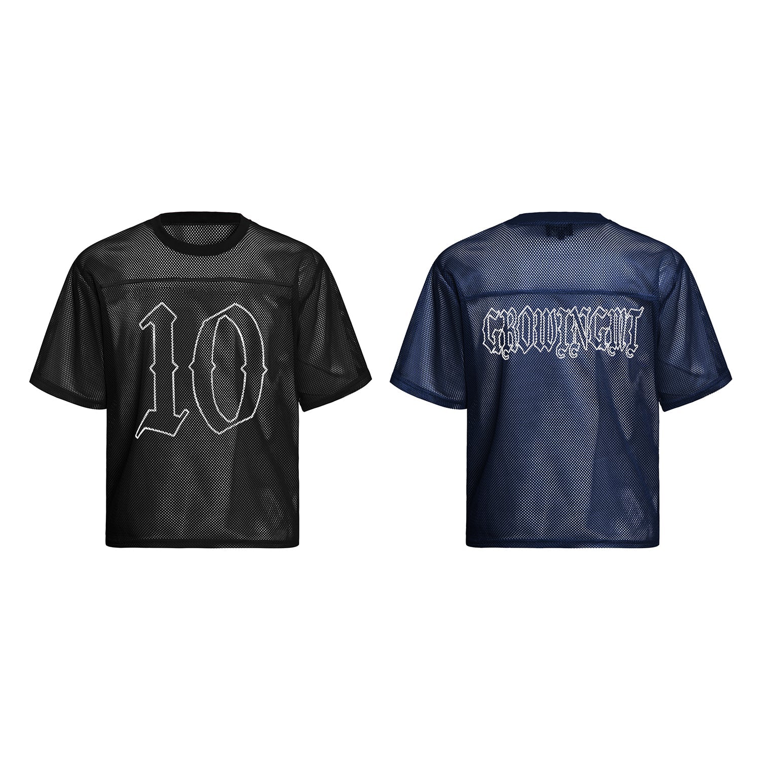 Front and back view of black and navy gothic mesh jersey tee with number 10 and GROWING MT lettering