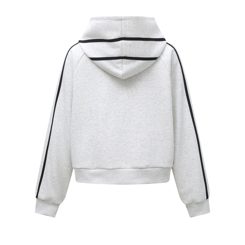 Light gray hoodie back view with hood, black shoulder stripes, and ribbed hem