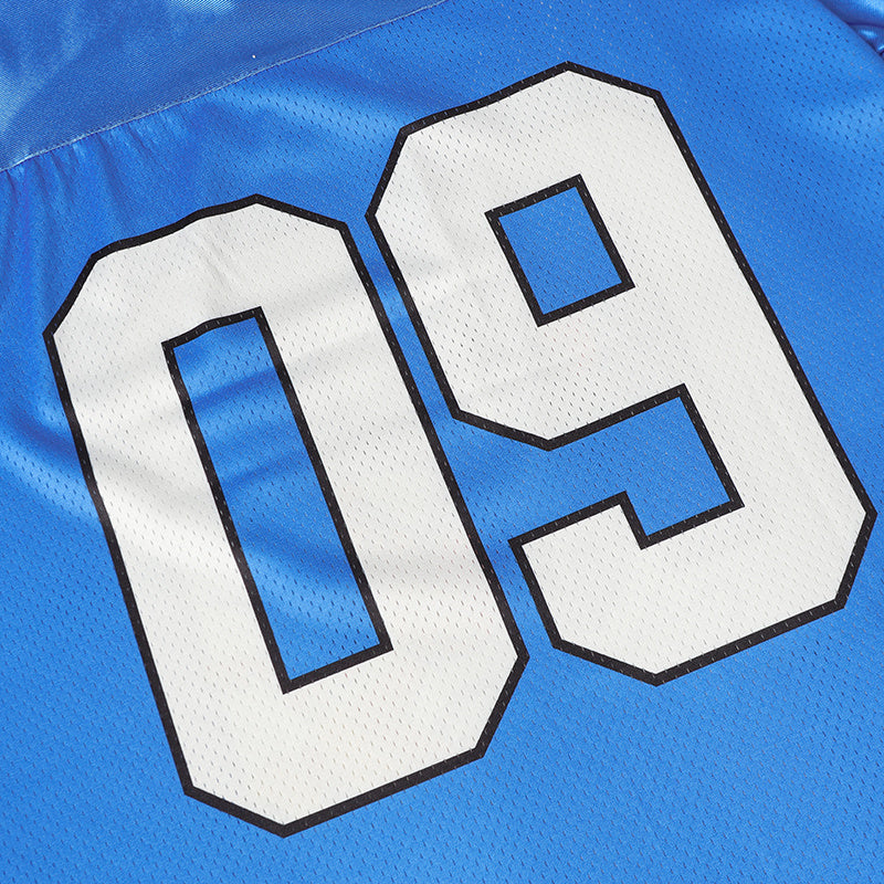 Blue varsity football jersey with bold white number 09 on breathable mesh fabric, inspired by Tom and Jerry streetwear