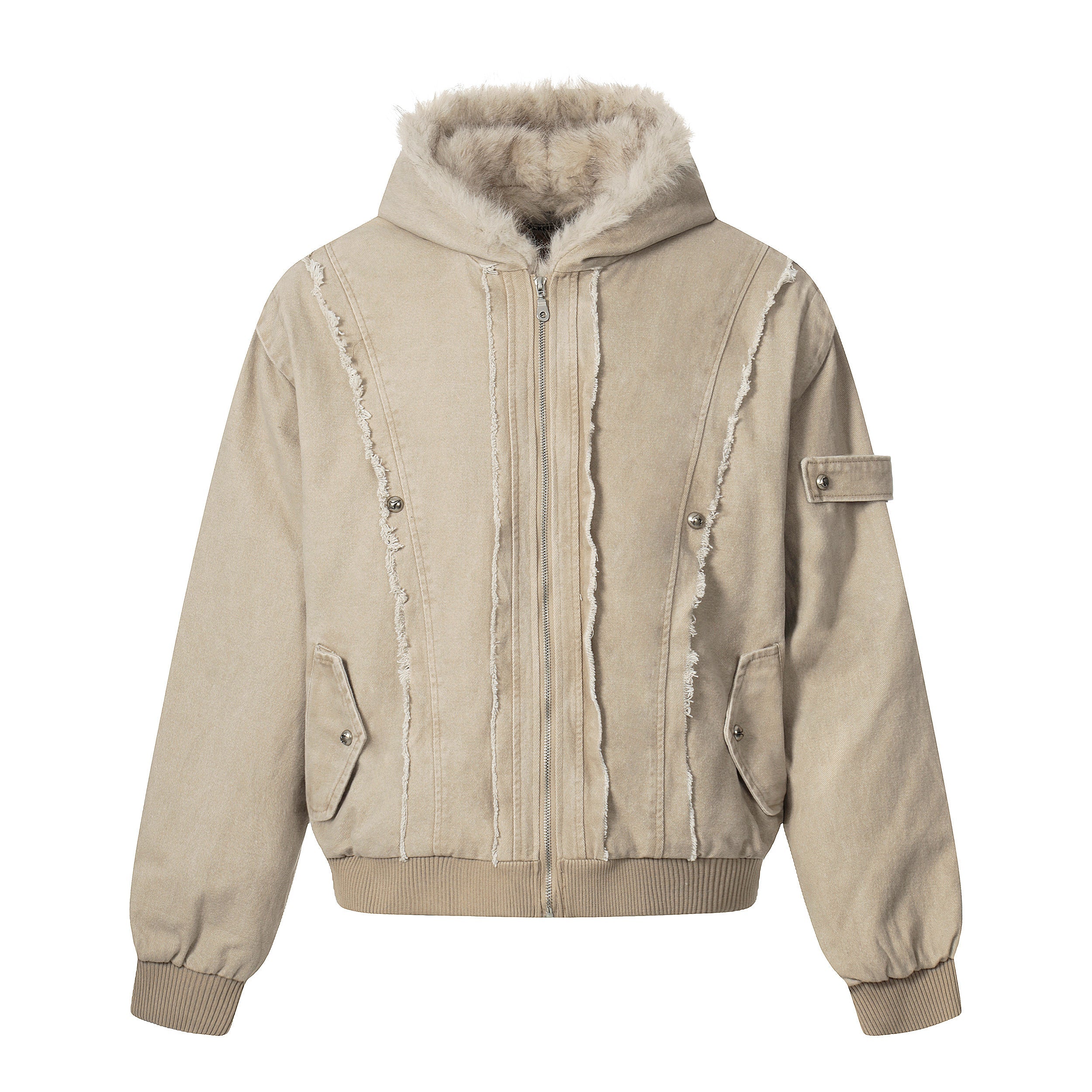 Washed Shearling-Lined Denim Hooded Bomber Jacket