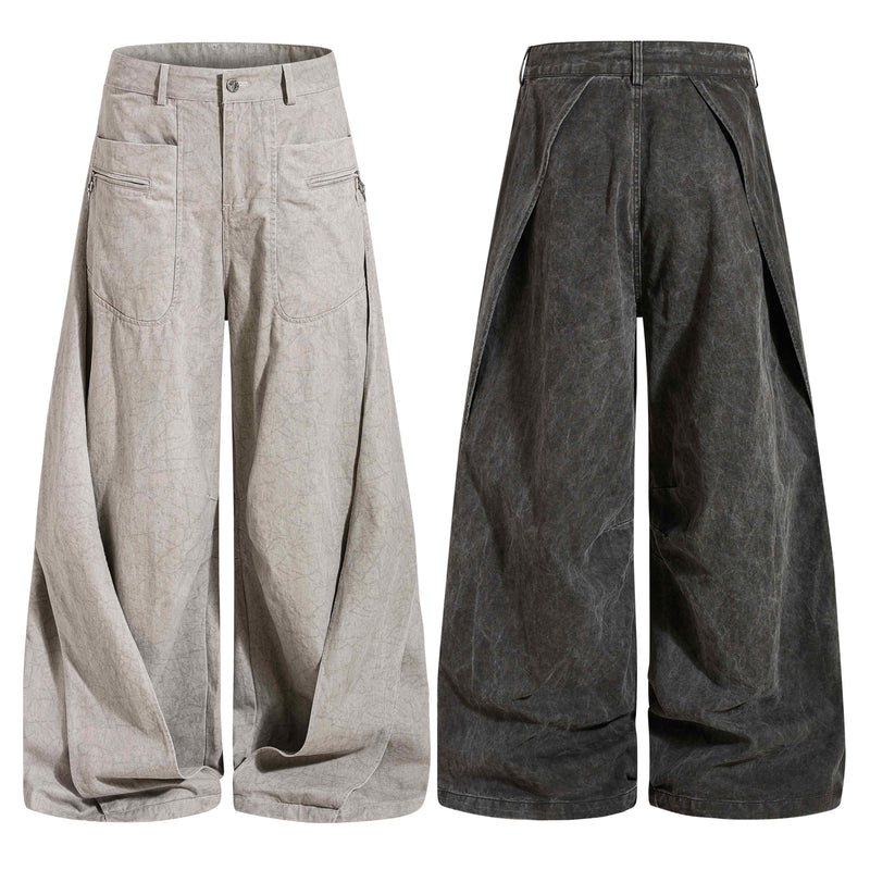 Washed wide-leg denim jeans shown in light beige and dark charcoal front views