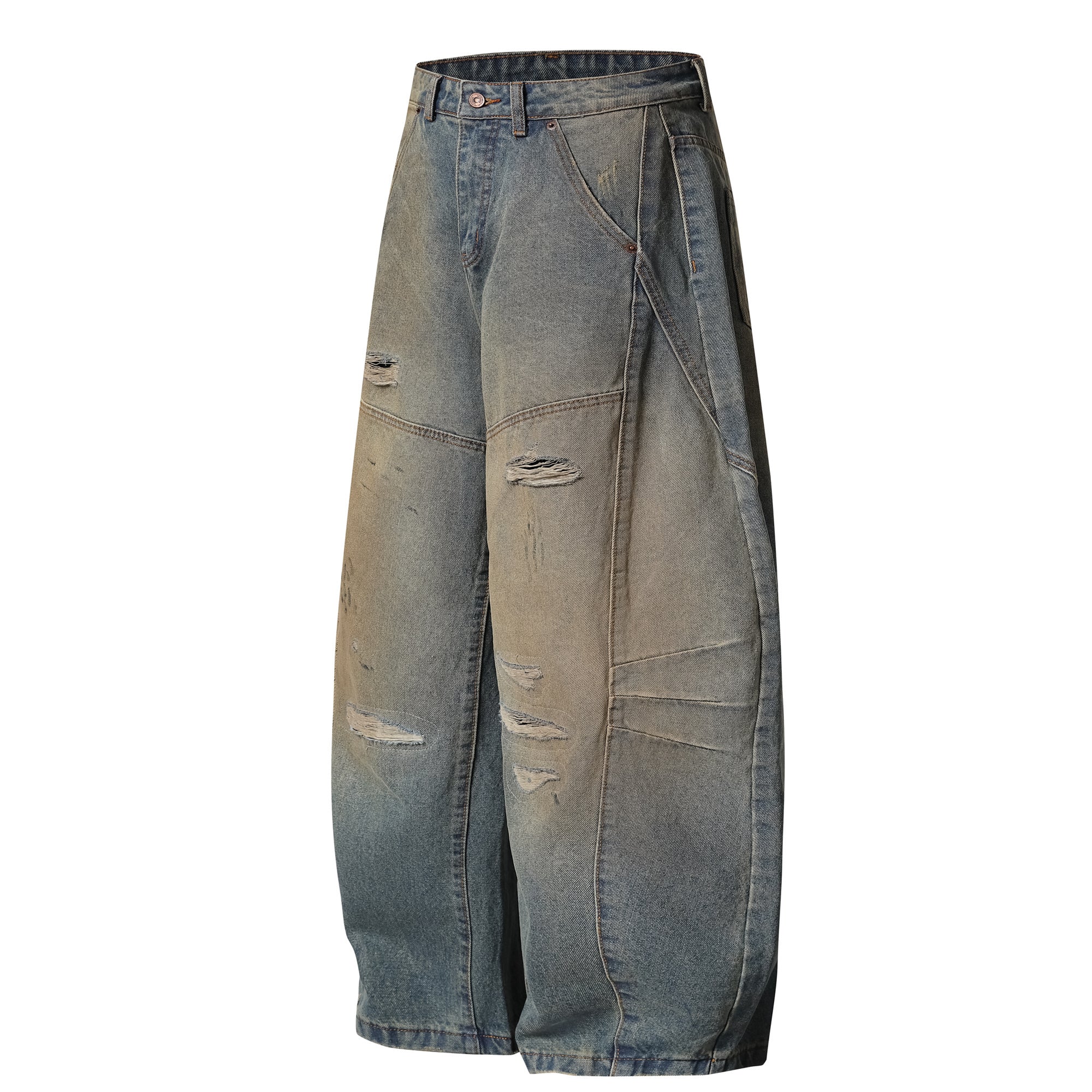 Omirad Distressed Curved Wide-Leg Jeans | Vintage Wash Denim