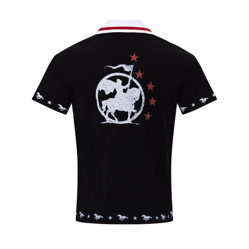 Black retro racing polo tee with white collar, red stripe accents, and embroidered Mustang graphic on the back