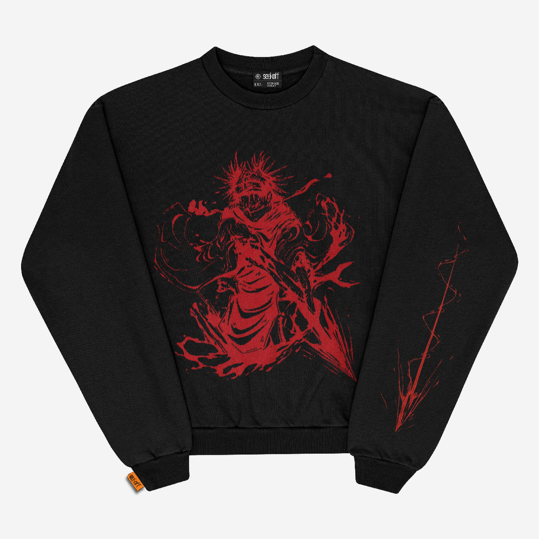 The Jujutsu Kaisen Inspired Black Sweatshirt features a vivid red cursed energy design with dynamic, swirling lines, creating a bold contrast on the dark fabric. Perfect for anime streetwear fans, it includes a small tag near the hem.