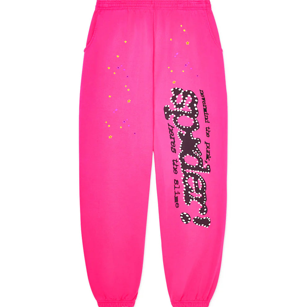 Sp5der Sweatpants – Unisex Pink Cotton Wide Leg Sweatpants with Graphic Logo Print