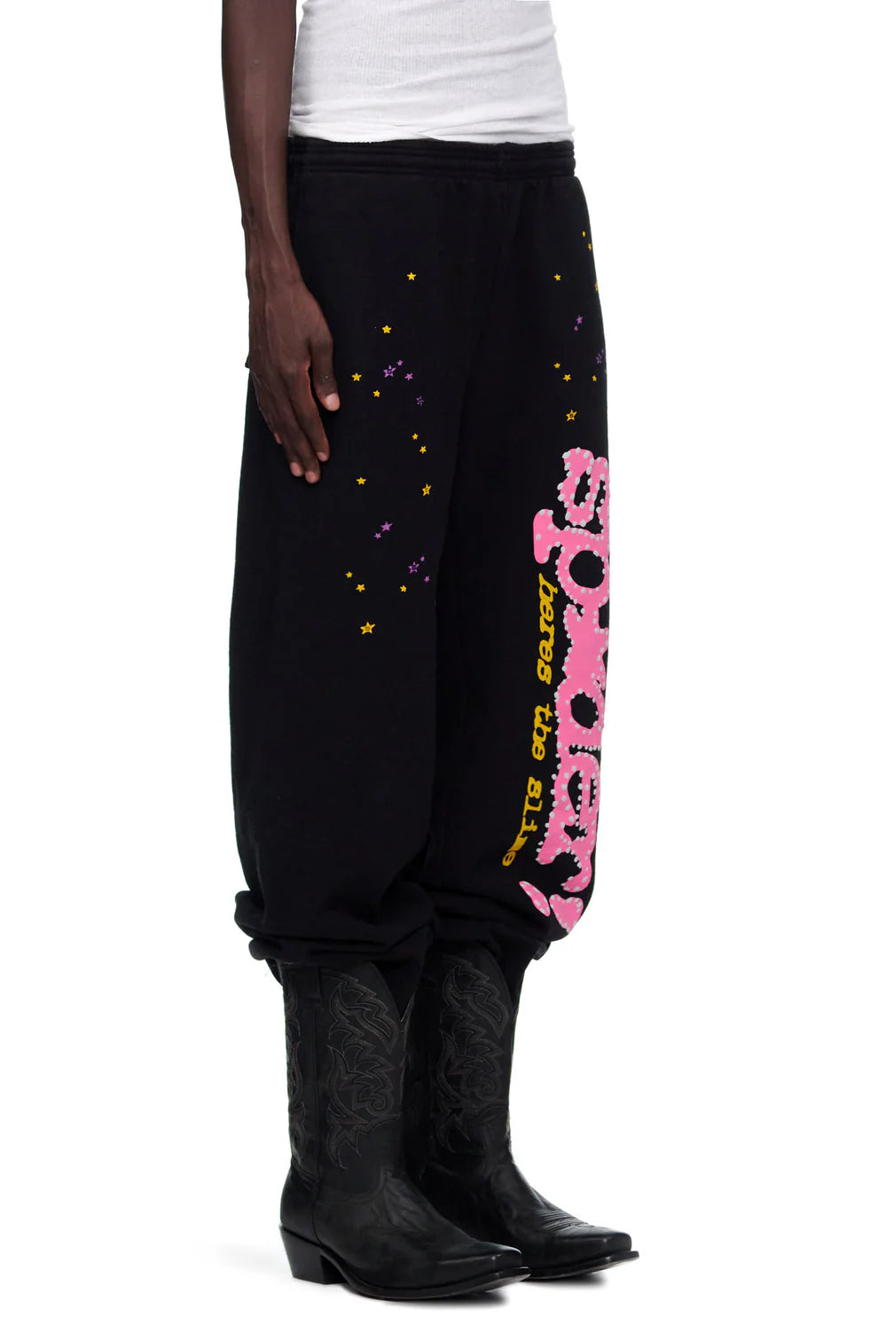 Sp5der Sweatpants – Unisex Black Cotton Sweatpants with Pink Graphic Logo and Star Print