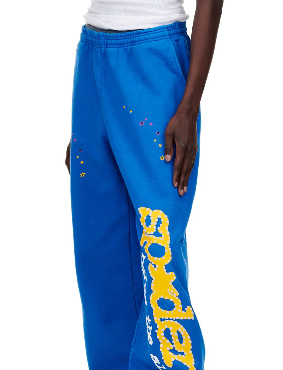 Sp5der Sweatpants – Unisex Blue Cotton Sweatpants with Yellow Side Logo and Star Print
