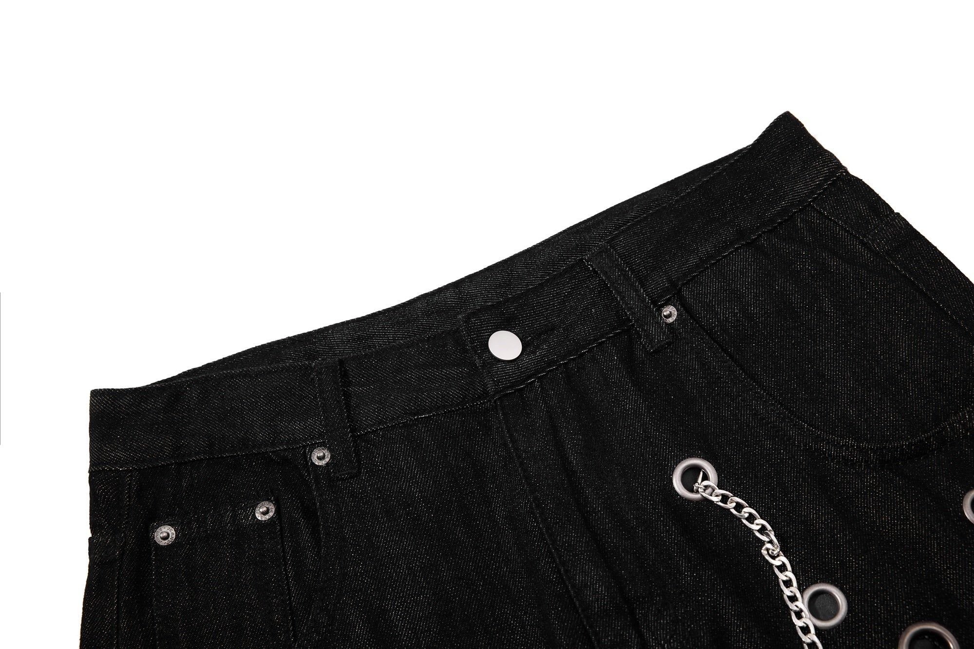 Wide-Leg Black Denim Pants with Eyelet & Chain Detail
