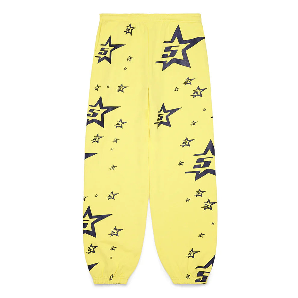 Sp5der Sweatpants – Unisex yellow cotton sweatpants with elastic waistband and cuffs, featuring an all-over star print and scattered S logos.