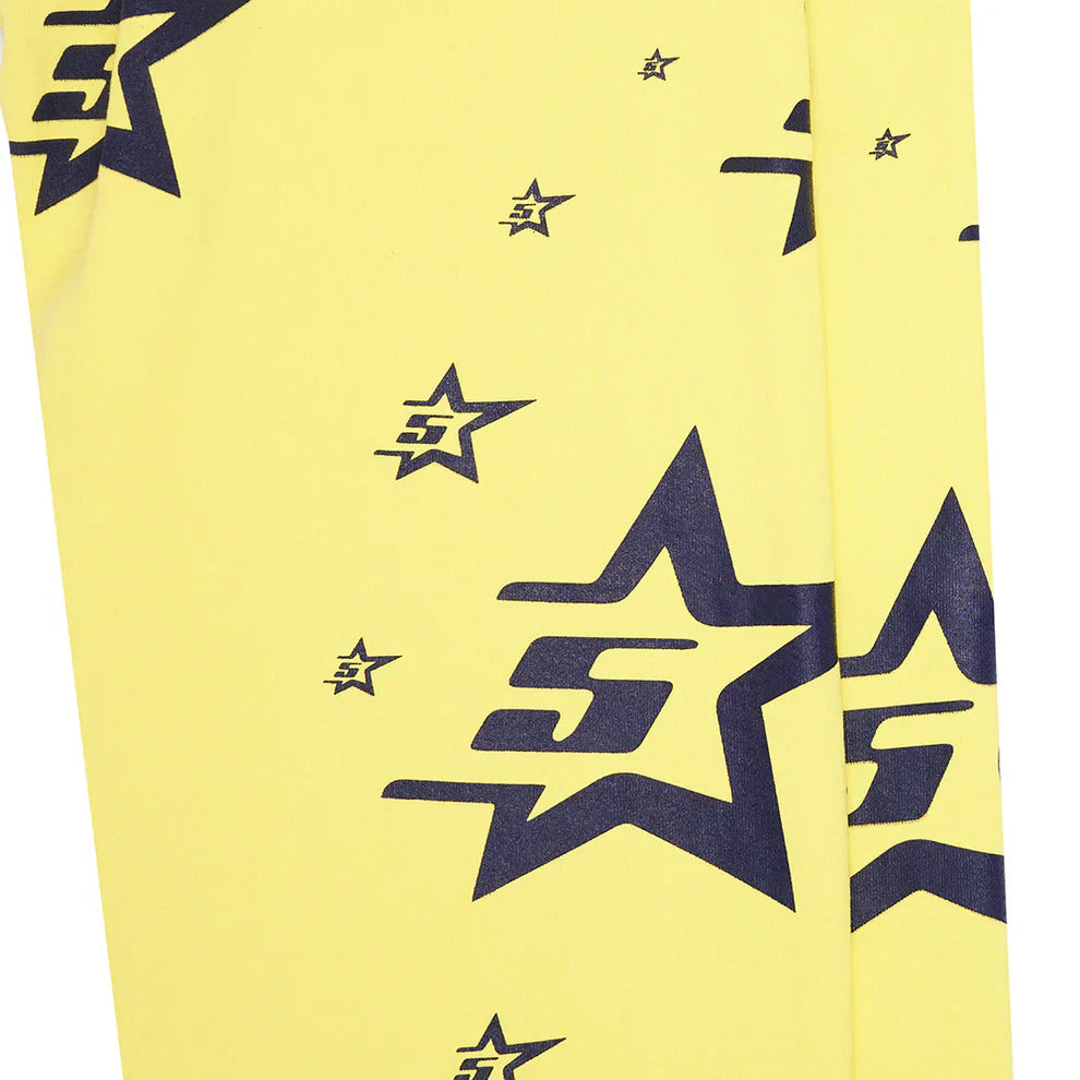 Sp5der Sweatpants – Unisex Yellow Cotton Sweatpants with an all-over print of black outlined star graphics, each featuring a stylized S and varying in size and angle for standout streetwear style.
