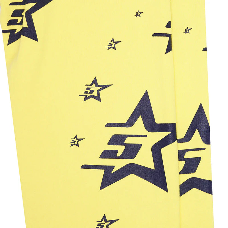 Sp5der Sweatpants – Unisex Yellow Cotton Sweatpants with an all-over print of black outlined star graphics, each featuring a stylized S and varying in size and angle for standout streetwear style.