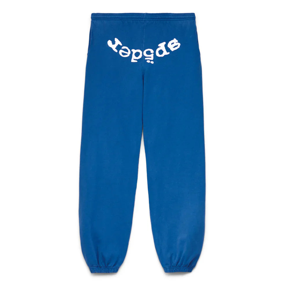 Sp5der Sweatpants – Unisex blue cotton joggers with elastic cuffs and waistband, featuring a front logo print. Perfect for elevating your streetwear style.