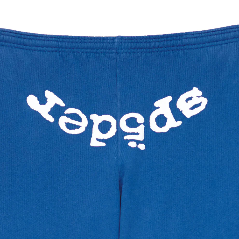 Unisex blue cotton Sp5der Sweatpants feature a playful, upside-down white "spider" front logo print on the waistband, channeling true streetwear vibes.