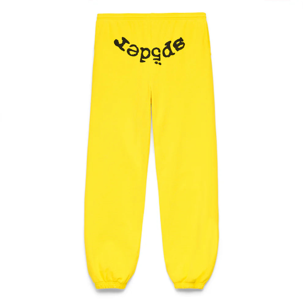 Sp5der Sweatpants – Unisex Yellow Cotton Sweatpants with Front Logo Print
