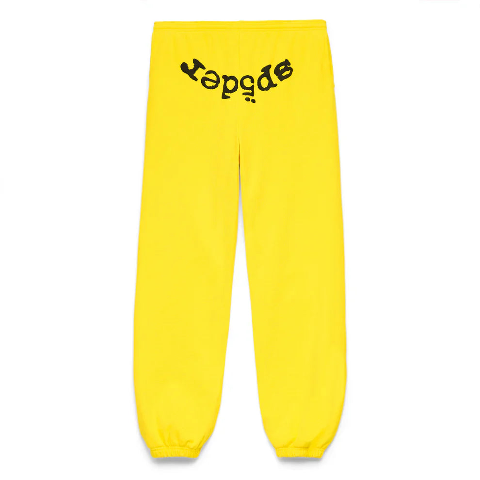 Sp5der Sweatpants – Unisex Yellow Cotton Sweatpants with a bold black "spider" print upside down across the back near the waistband, elastic cuffs and waistband, and a front logo print for standout streetwear style.
