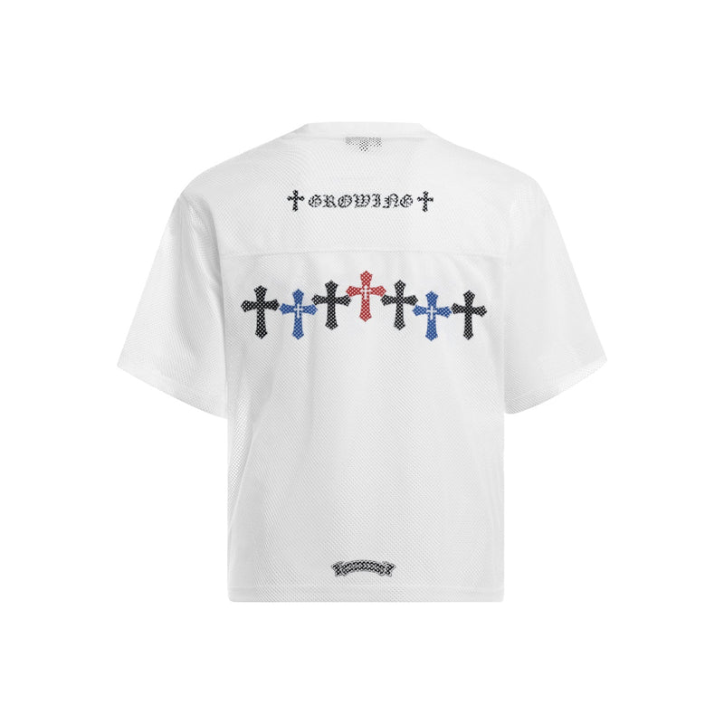White mesh boxy jersey tee with multicolored cross graphics on the back and gothic text at the shoulders